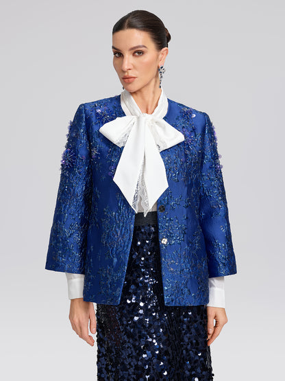 Royal Blue Hand-Beaded Jacquard Jacket