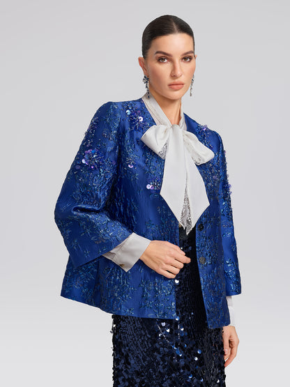 Royal Blue Hand-Beaded Jacquard Jacket