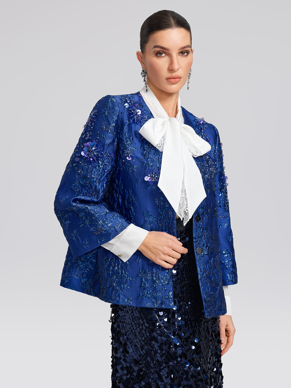 Royal Blue Hand-Beaded Jacquard Jacket