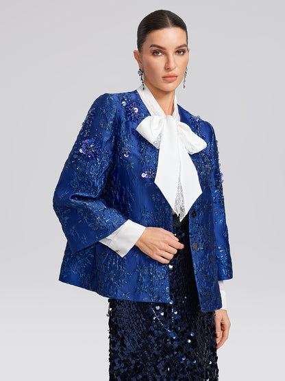 Royal Blue Hand-Beaded Jacquard Jacket