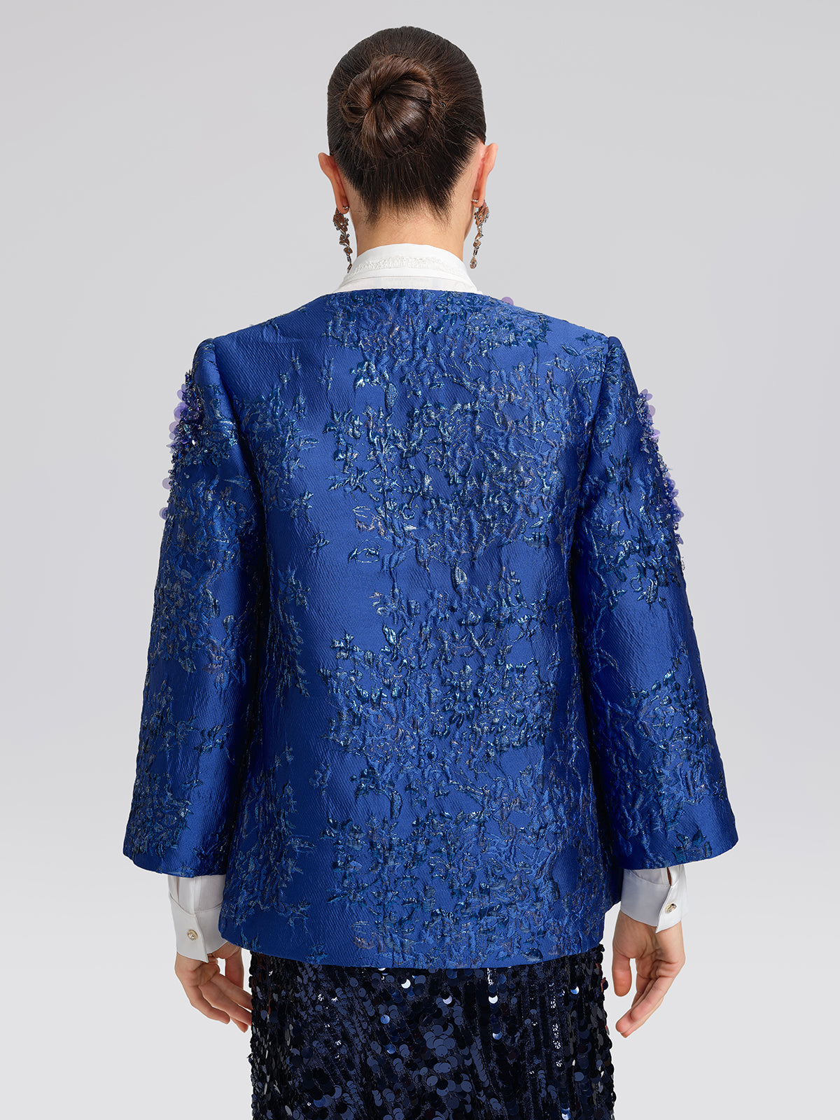 Royal Blue Hand-Beaded Jacquard Jacket