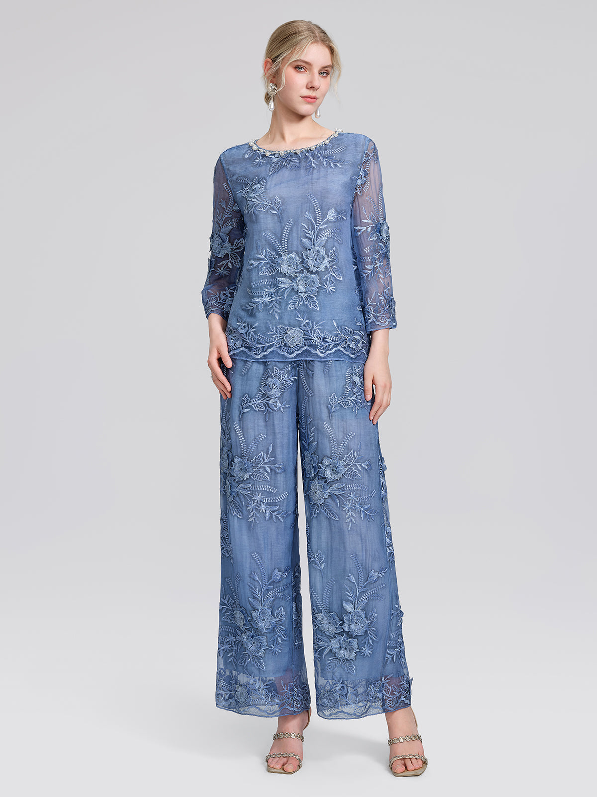 Mulberry Silk Embroidered Elastic-Waist Pants