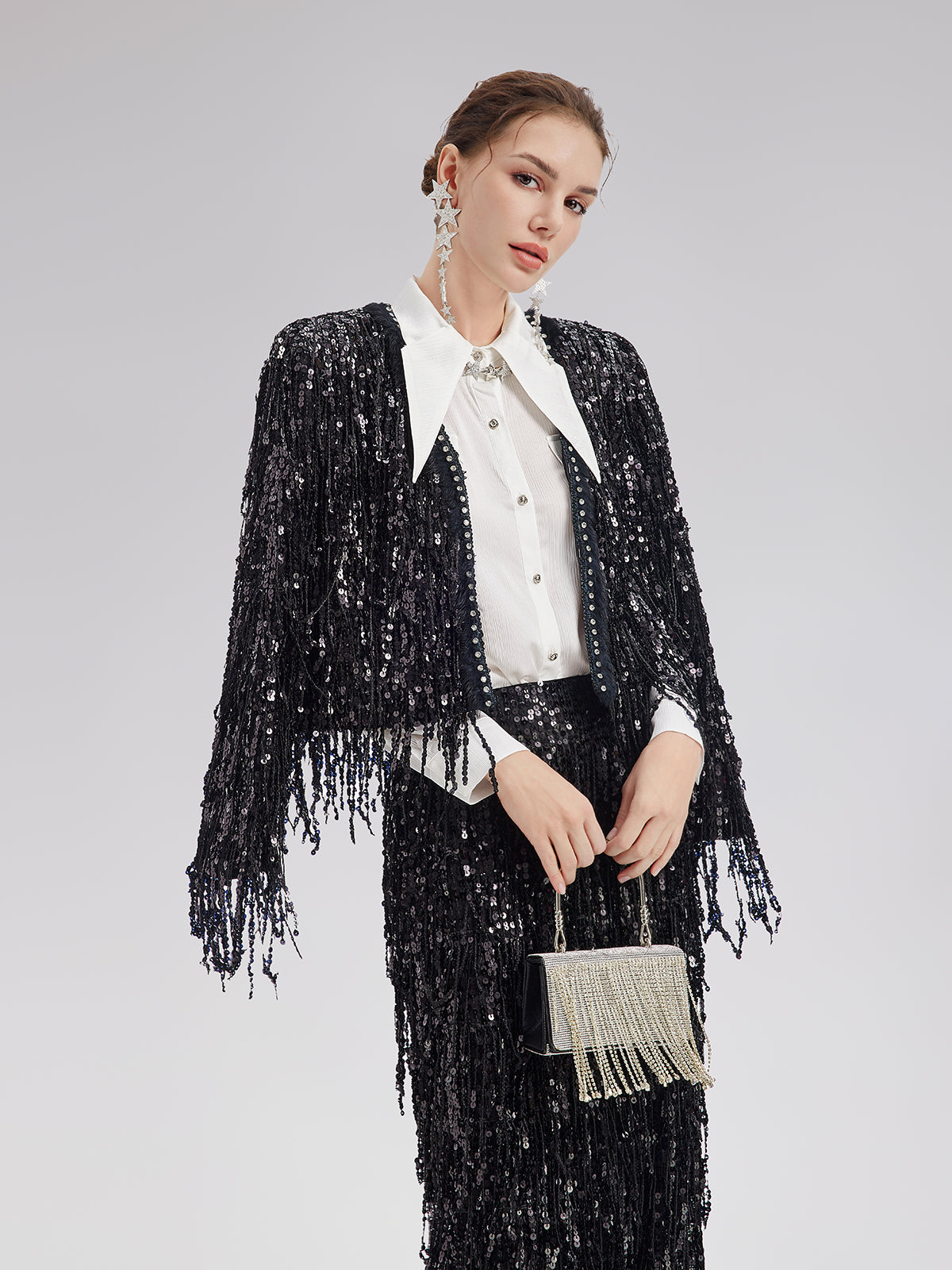 Sequined Beaded Fringe Cropped Jacket