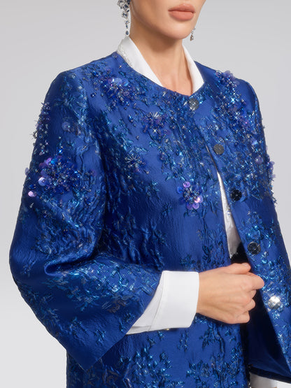 Royal Blue Hand-Beaded Jacquard Jacket