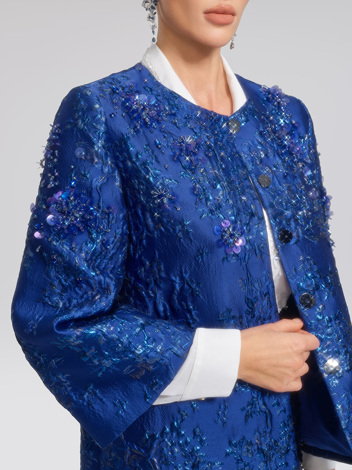 Royal Blue Hand-Beaded Jacquard Jacket