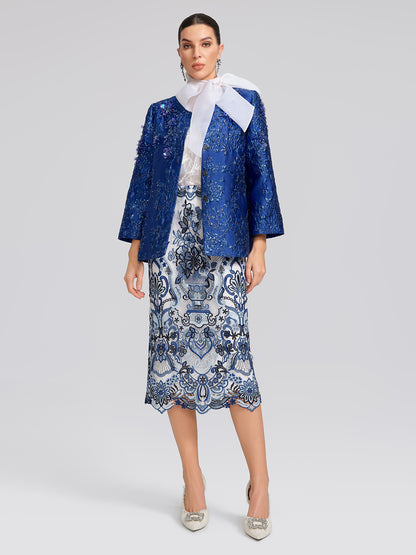 Royal Blue Hand-Beaded Jacquard Jacket