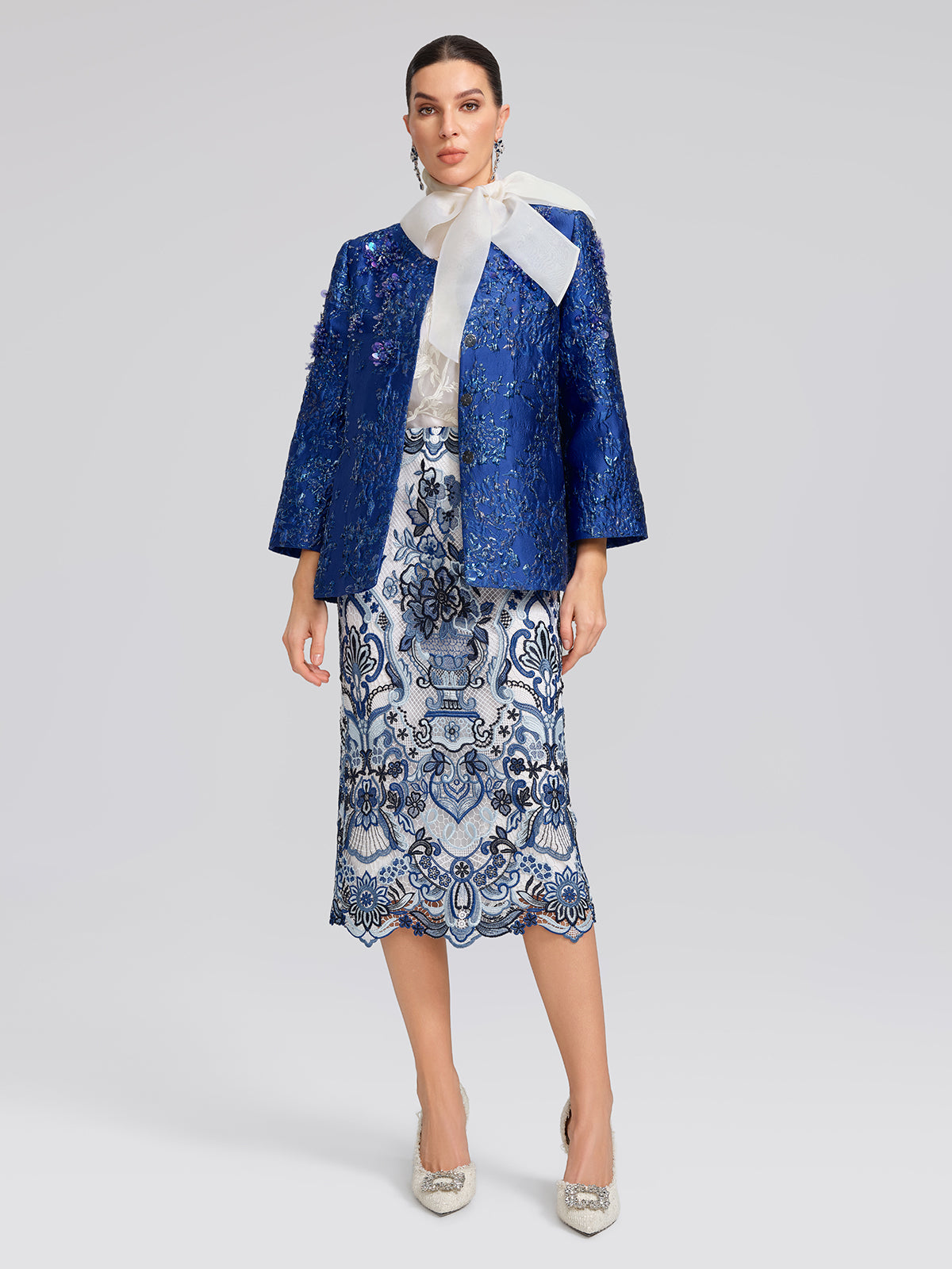 Royal Blue Hand-Beaded Jacquard Jacket