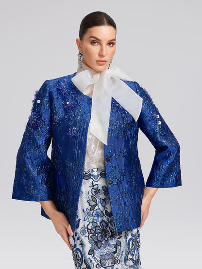 Royal Blue Hand-Beaded Jacquard Jacket