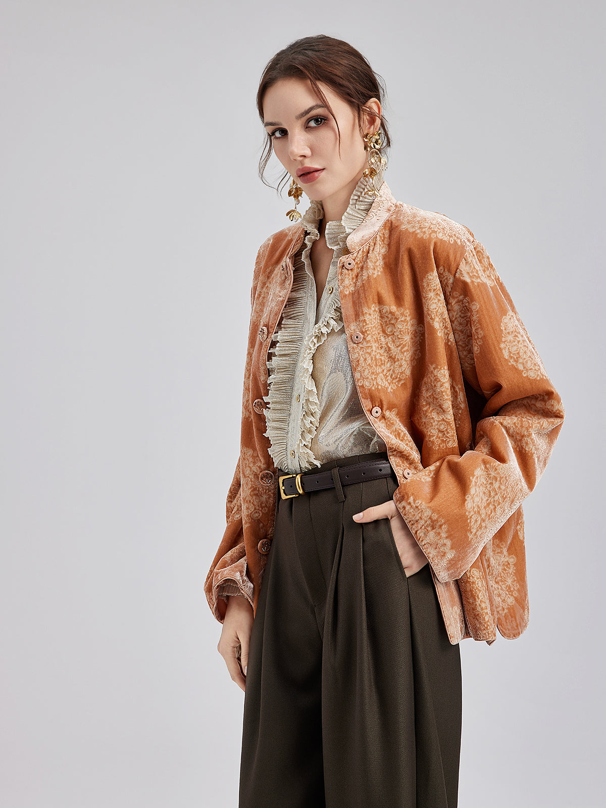 Silk Velvet Jacquard Coat（Includes Scarf）