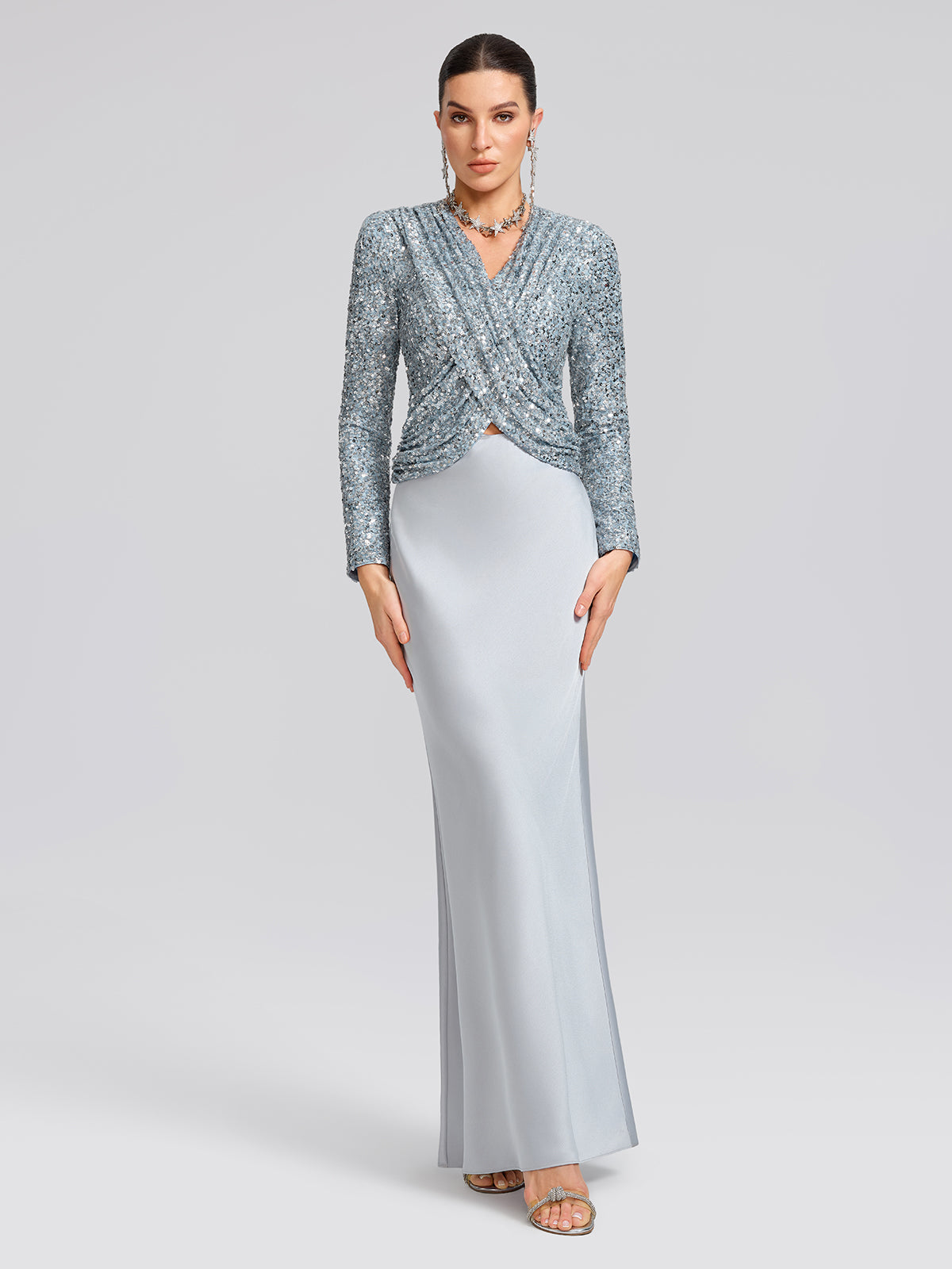 Draped V-Neck Sequin Sculpted Top