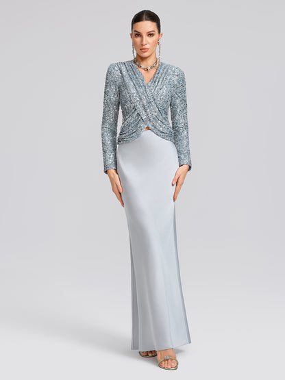 Draped V-Neck Sequin Sculpted Top