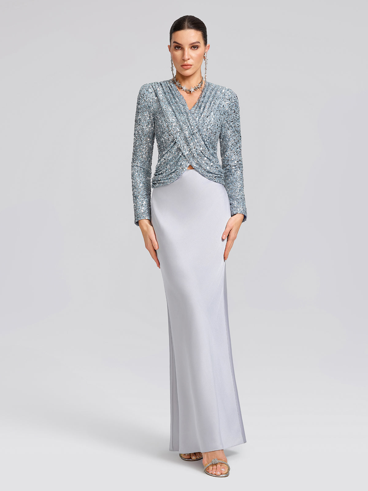 Draped V-Neck Sequin Sculpted Top