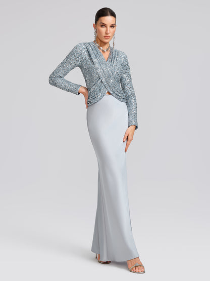 Draped V-Neck Sequin Sculpted Top