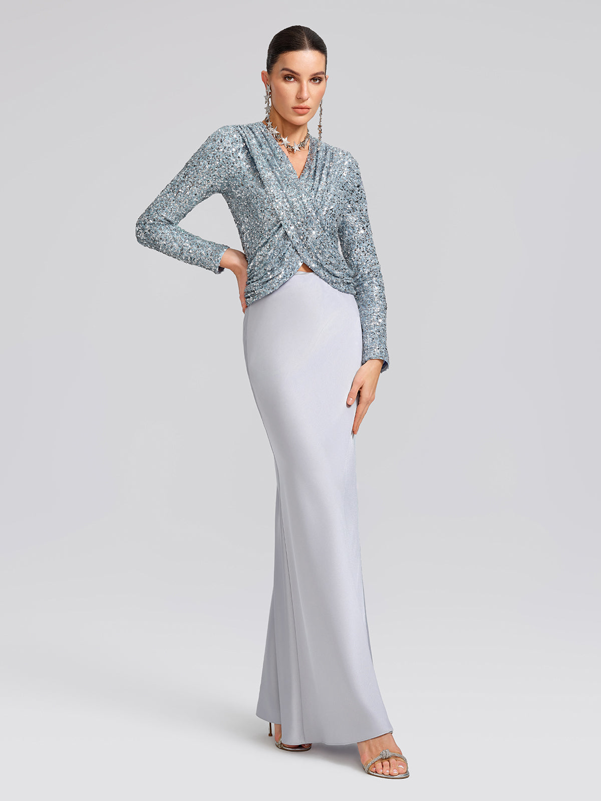 Draped V-Neck Sequin Sculpted Top