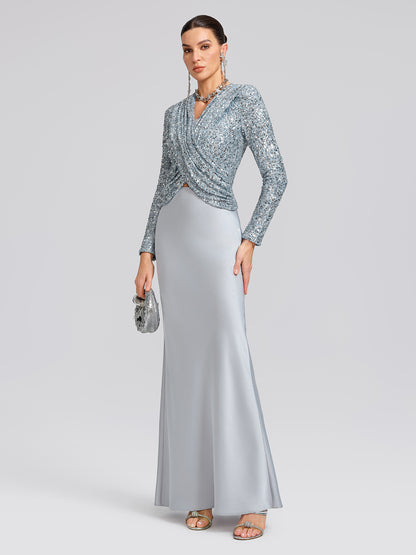 Draped V-Neck Sequin Sculpted Top