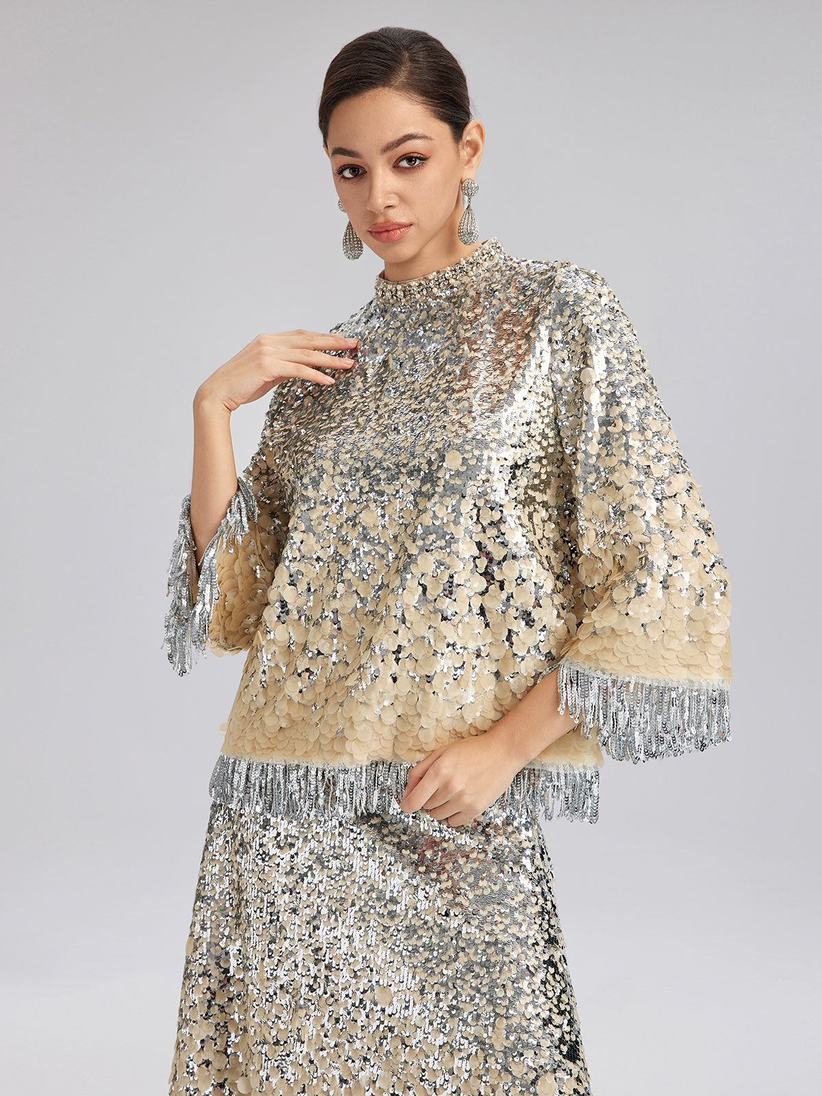 Beaded Ombre Fringe Stand-Collar Top