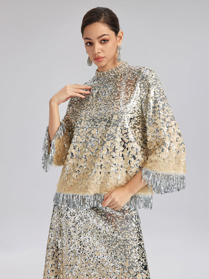 Beaded Ombre Fringe Stand-Collar Top