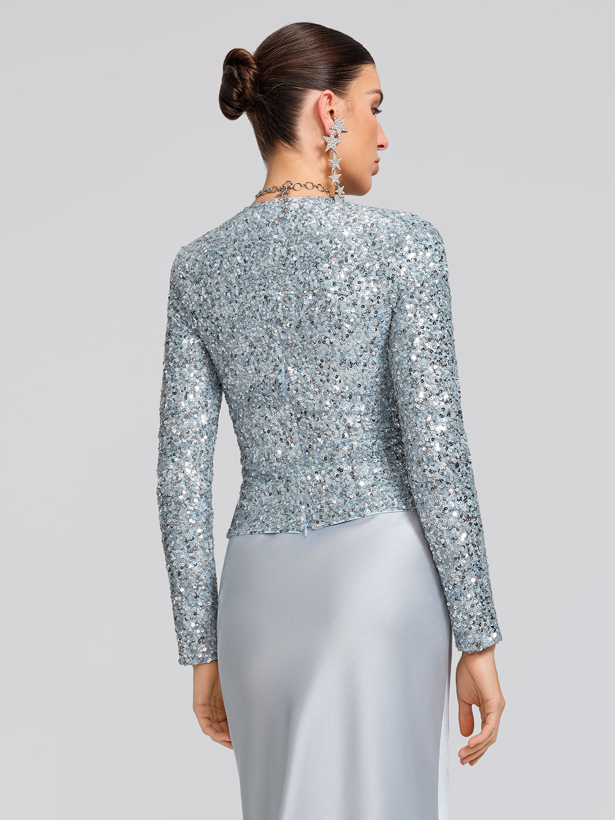 Draped V-Neck Sequin Sculpted Top