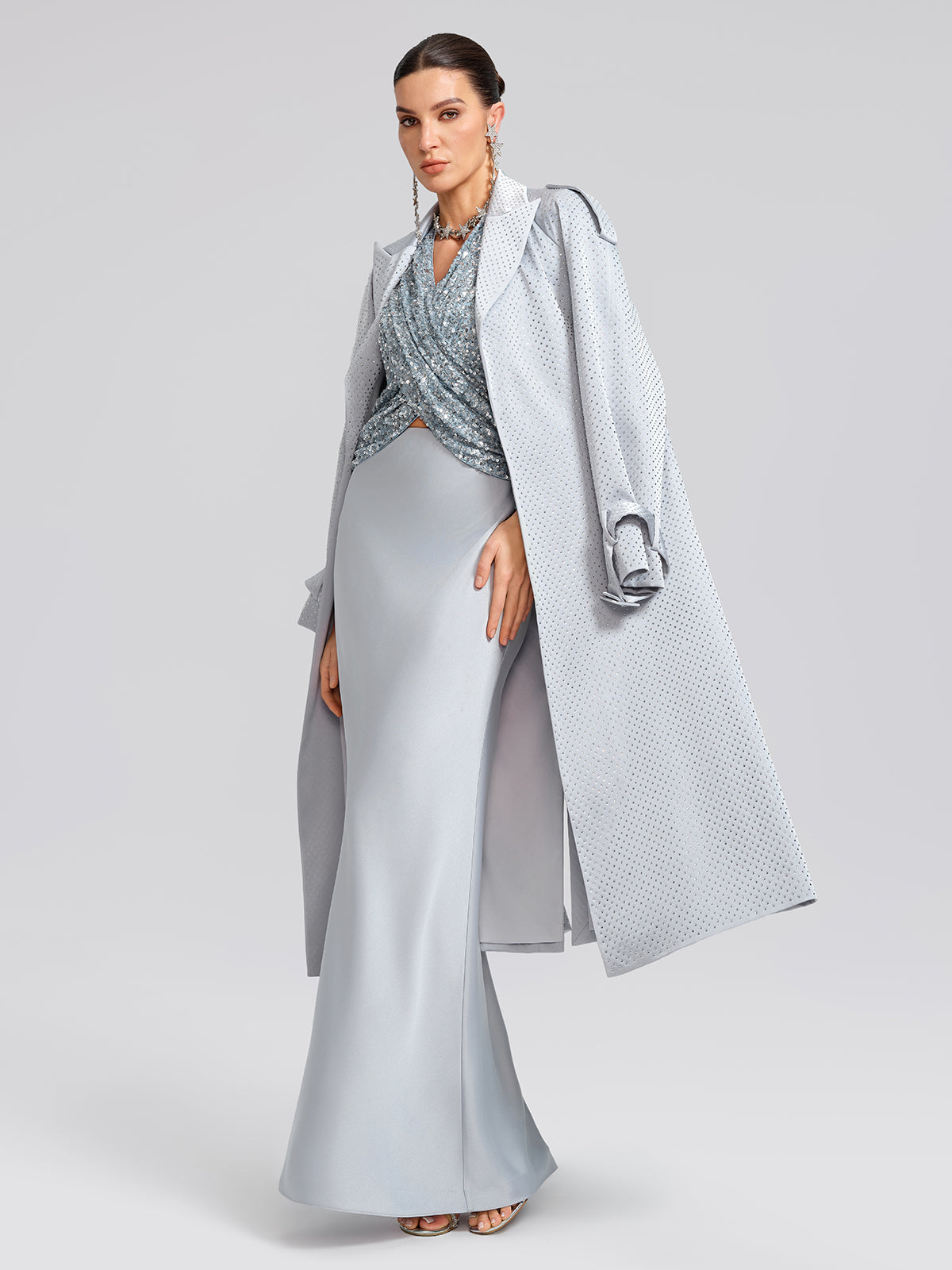 Handcrafted Rhinestone Satin Trench Coat (Belt Included)