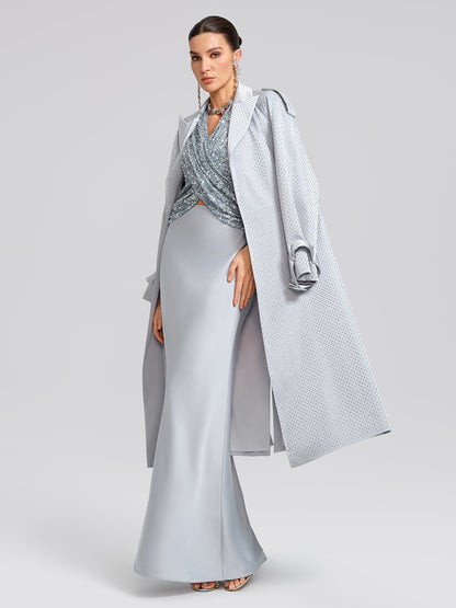 Handcrafted Rhinestone Satin Trench Coat (Belt Included)