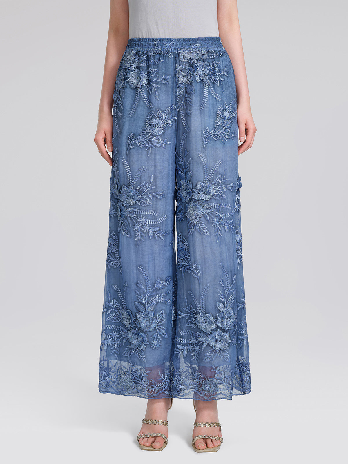 Mulberry Silk Embroidered Elastic-Waist Pants