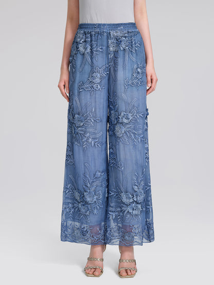 Mulberry Silk Embroidered Elastic-Waist Pants