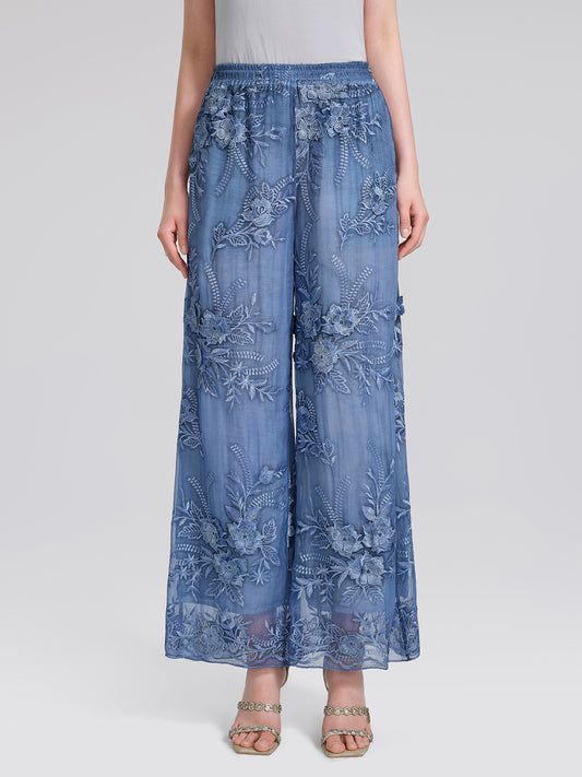 Mulberry Silk Embroidered Elastic-Waist Pants