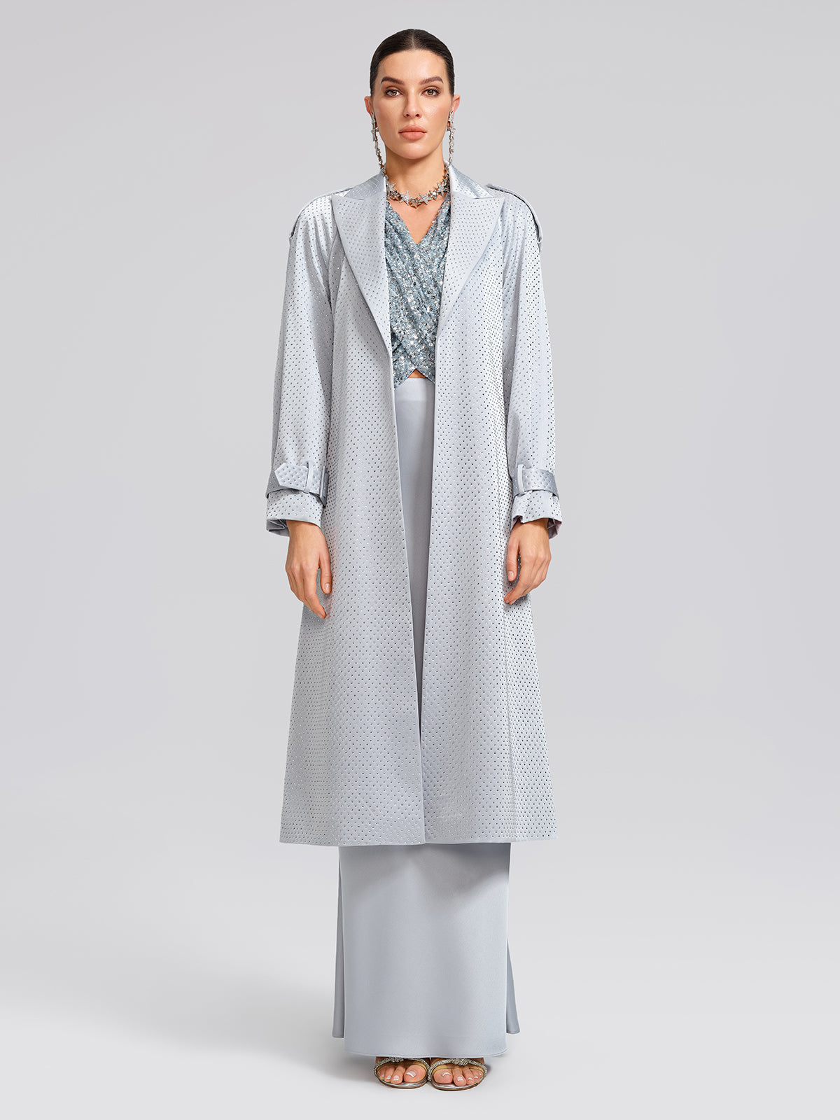 Handcrafted Rhinestone Satin Trench Coat (Belt Included)