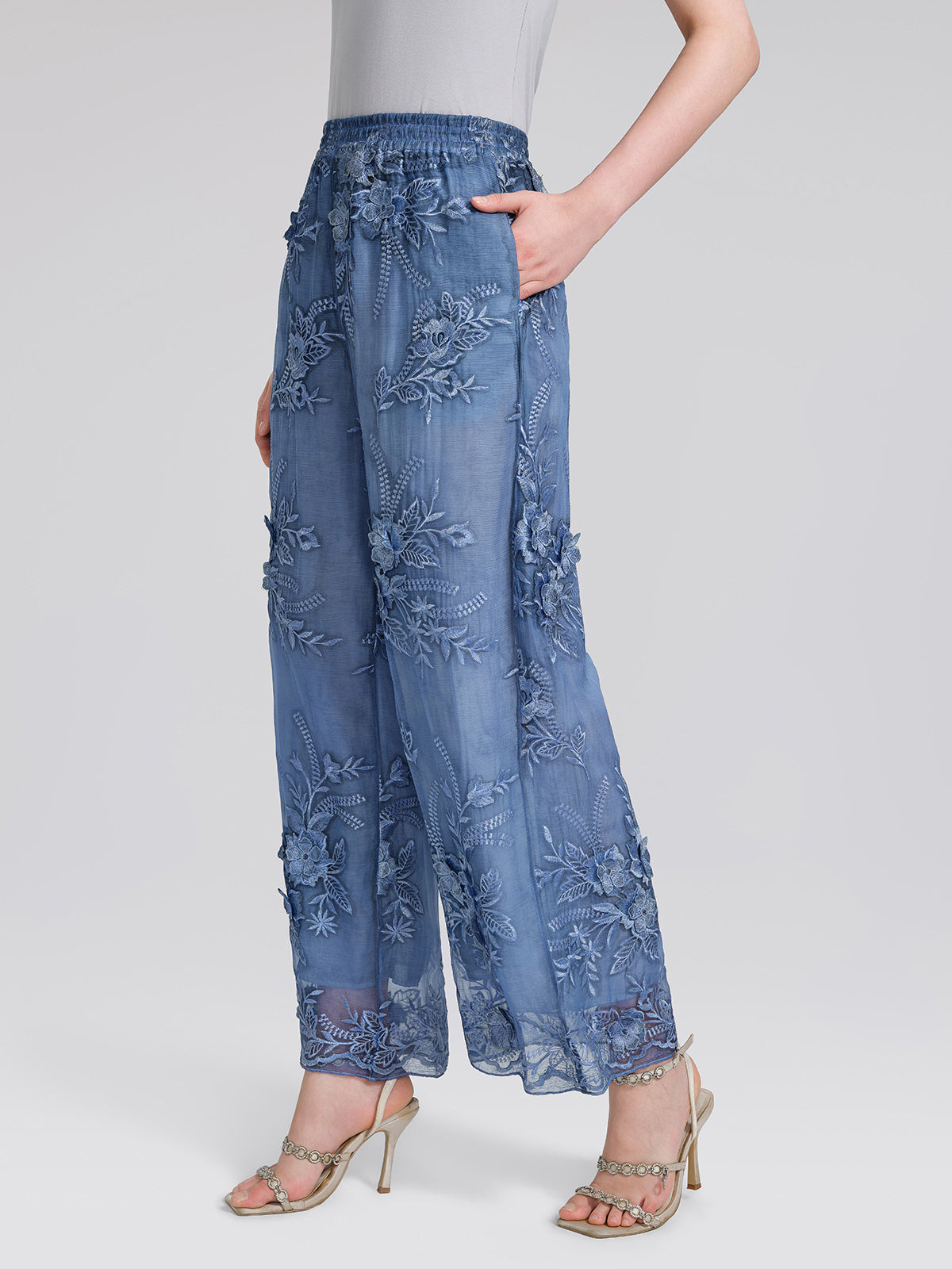 Mulberry Silk Embroidered Elastic-Waist Pants