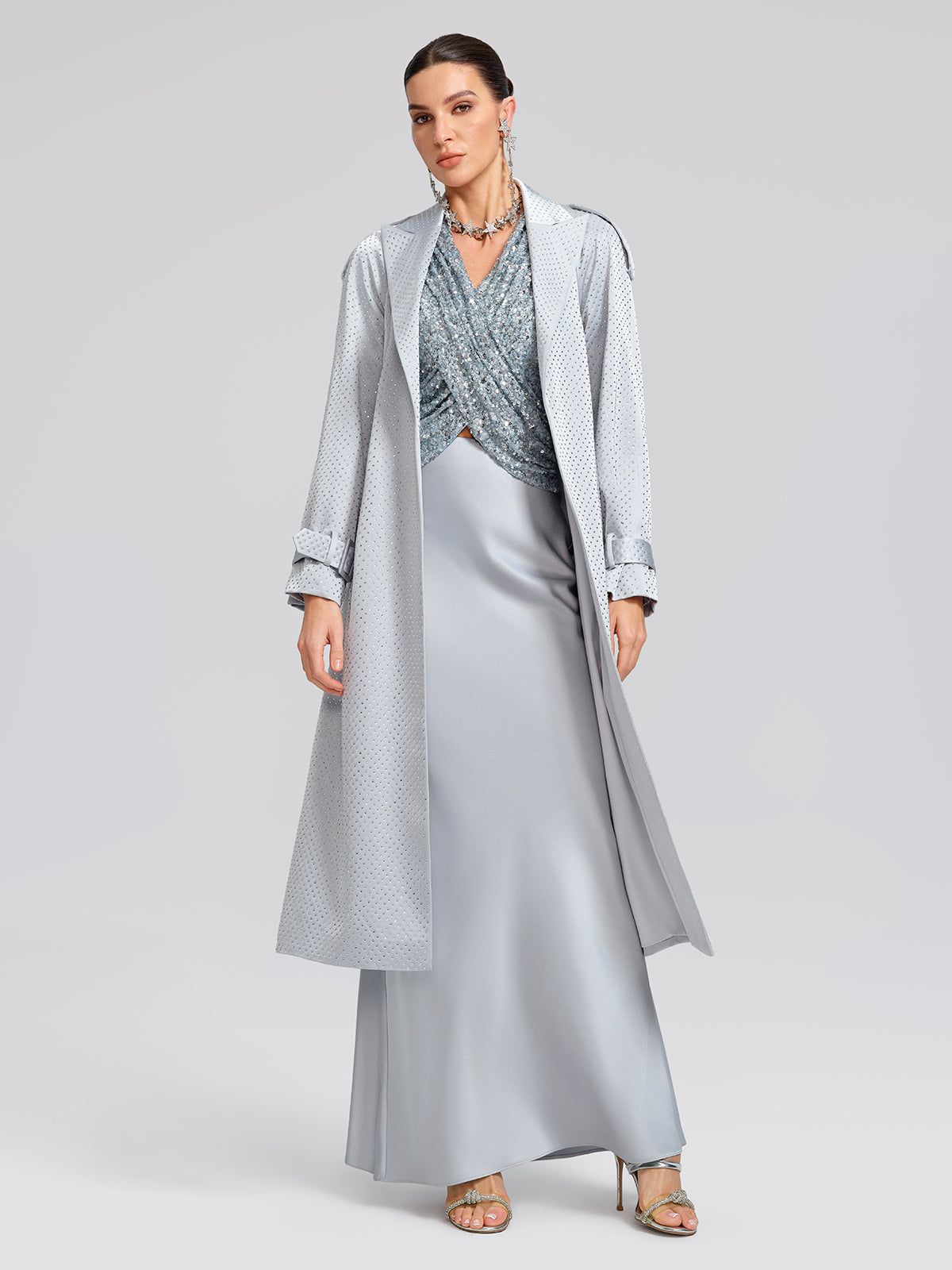 Handcrafted Rhinestone Satin Trench Coat (Belt Included)