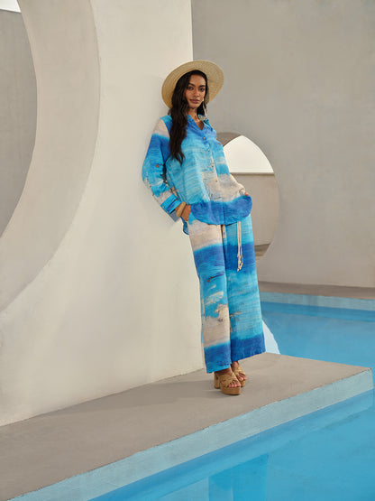 Blue Oil Painting Print Wide-Leg Pants