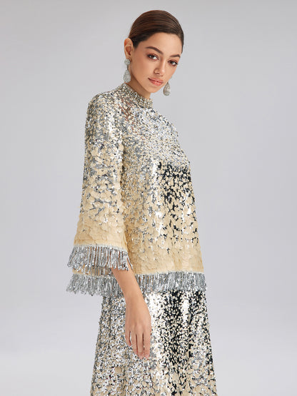 Beaded Ombre Fringe Stand-Collar Top