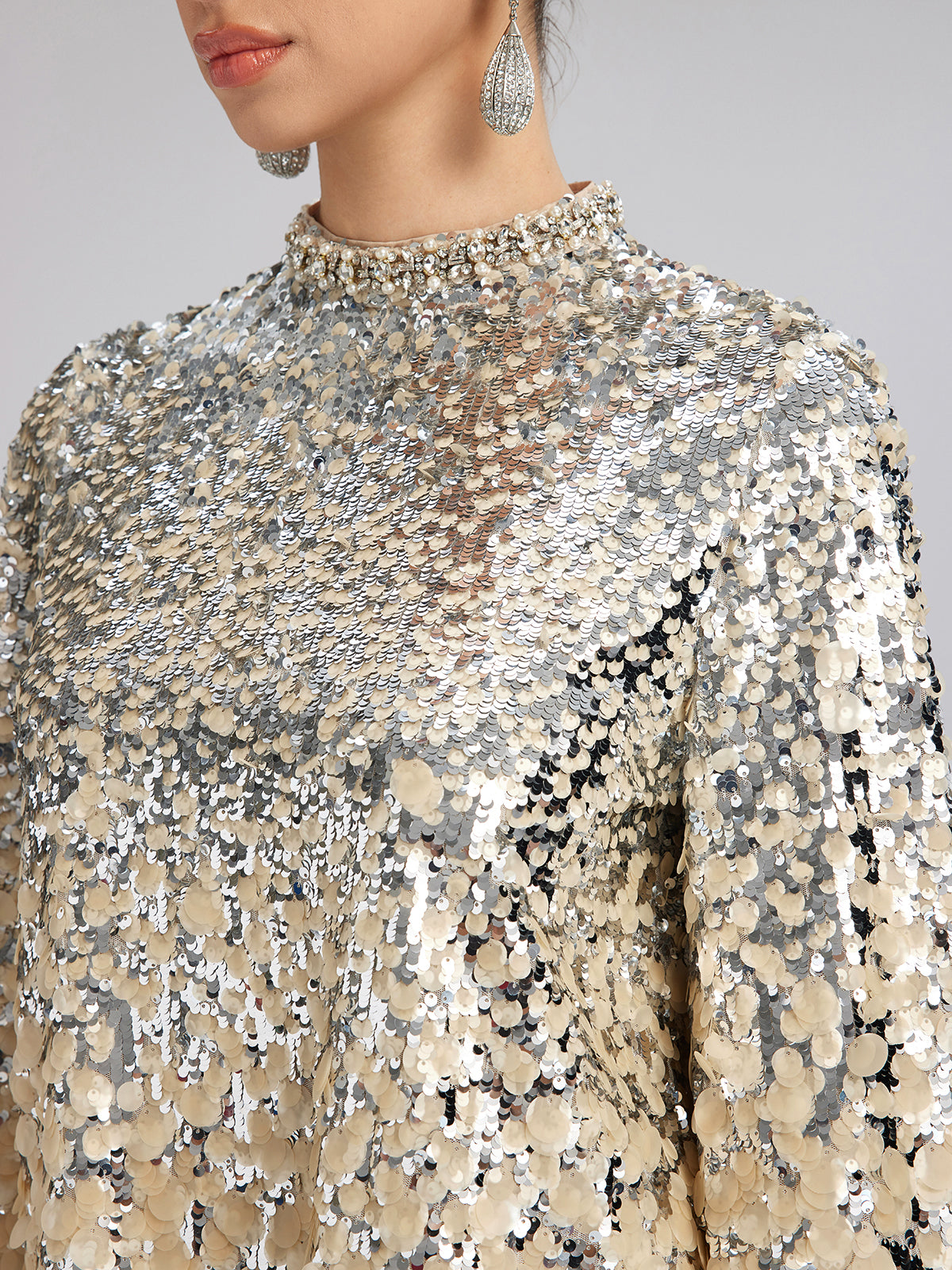 Beaded Ombre Fringe Stand-Collar Top