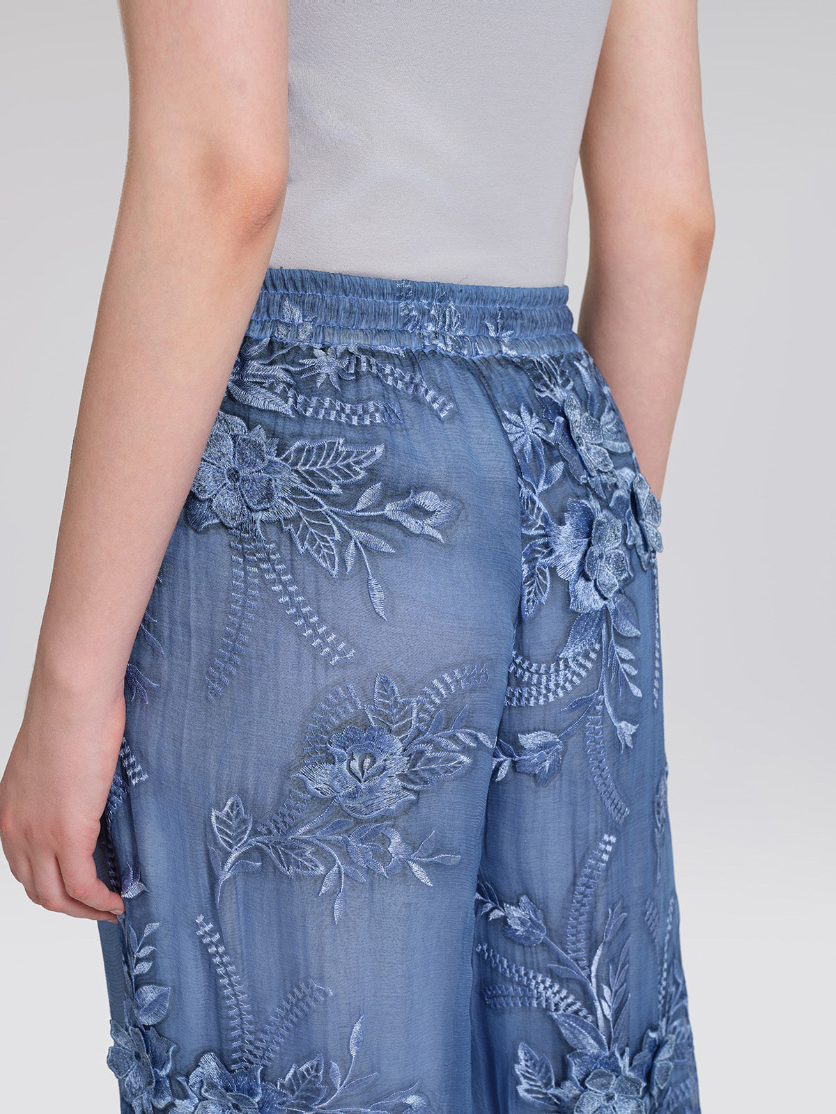 Mulberry Silk Embroidered Elastic-Waist Pants