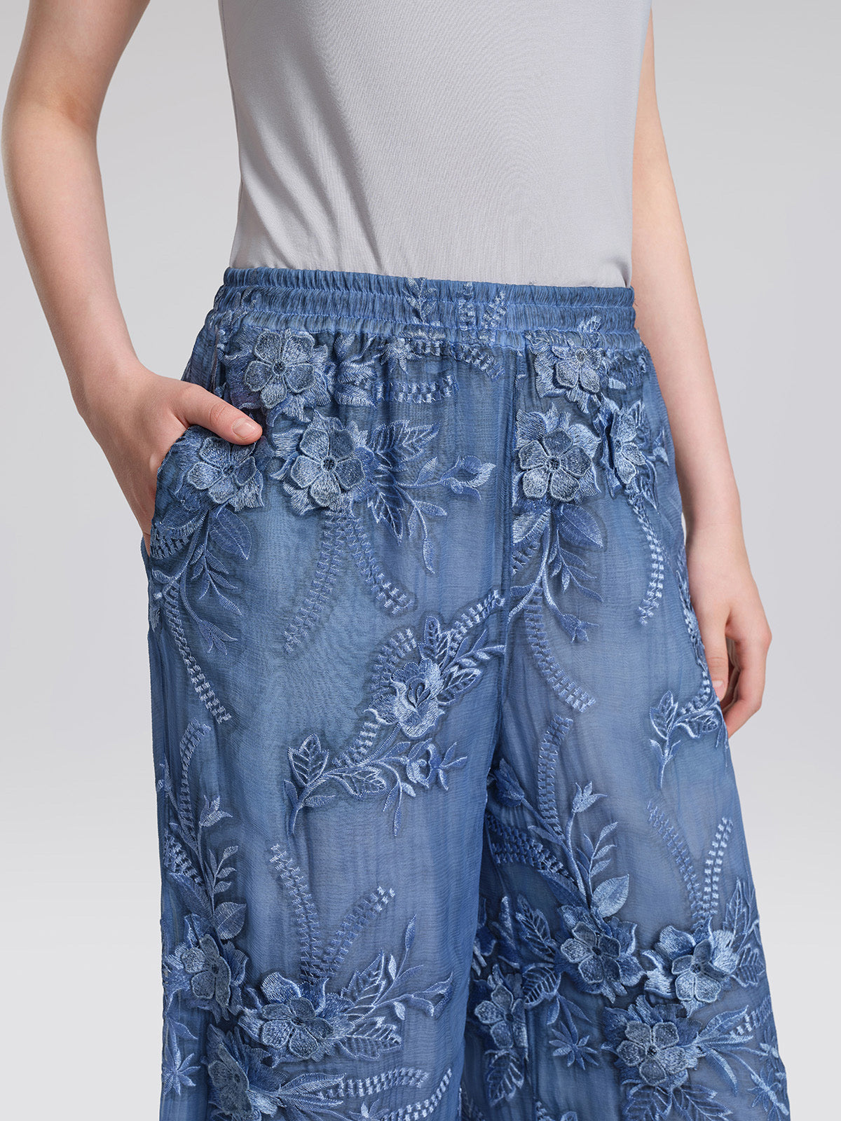 Mulberry Silk Embroidered Elastic-Waist Pants