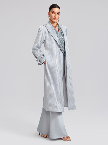 Handcrafted Rhinestone Satin Trench Coat (Belt Included)
