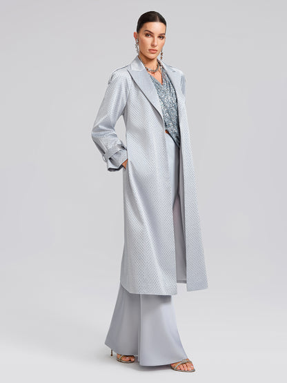 Handcrafted Rhinestone Satin Trench Coat (Belt Included)