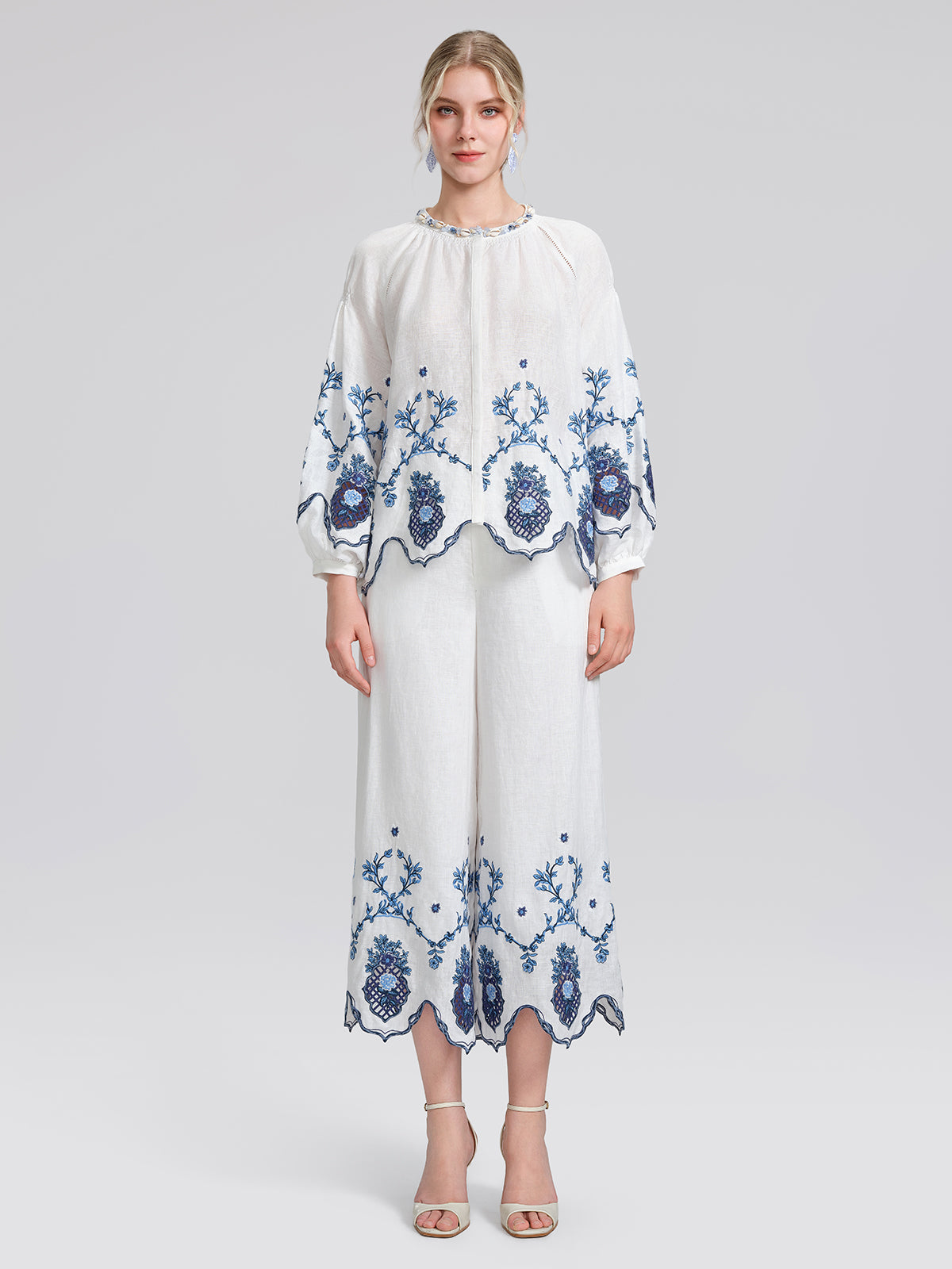 Linen Embroidered Cutwork Pearl Button Wide-Leg Pants