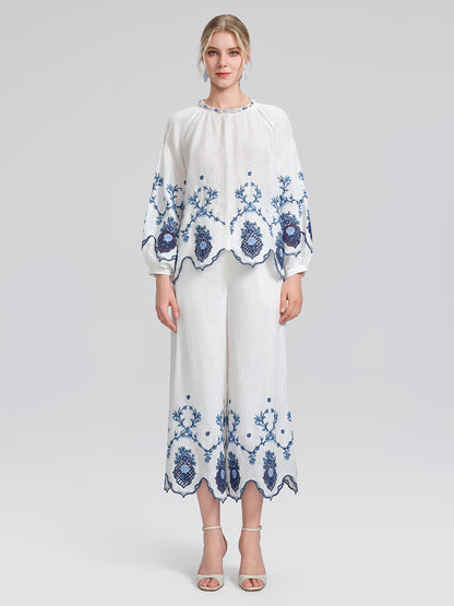 Linen Embroidered Cutwork Pearl Button Wide-Leg Pants