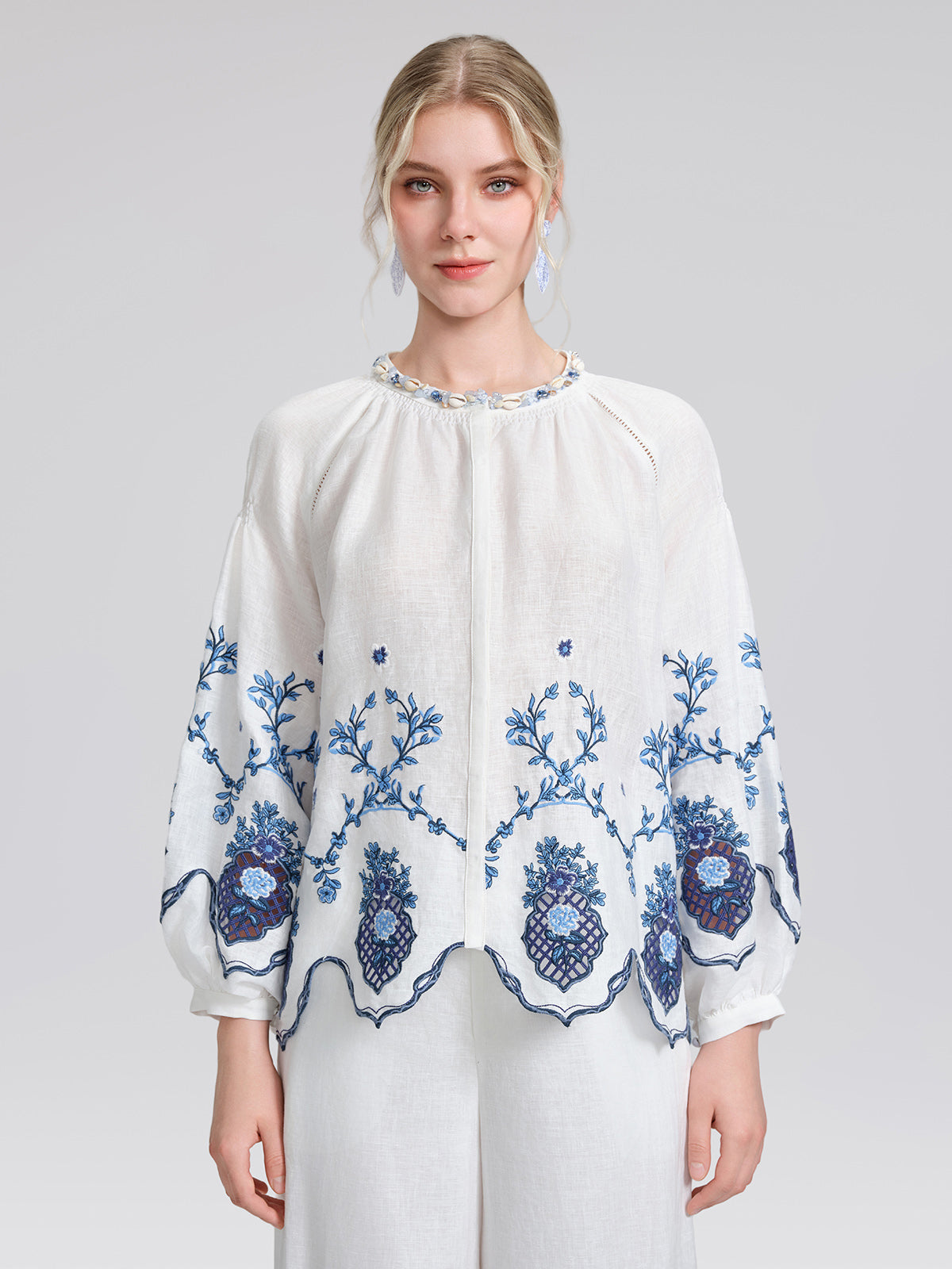 Linen Embroidered Cutwork Balloon Sleeve Top