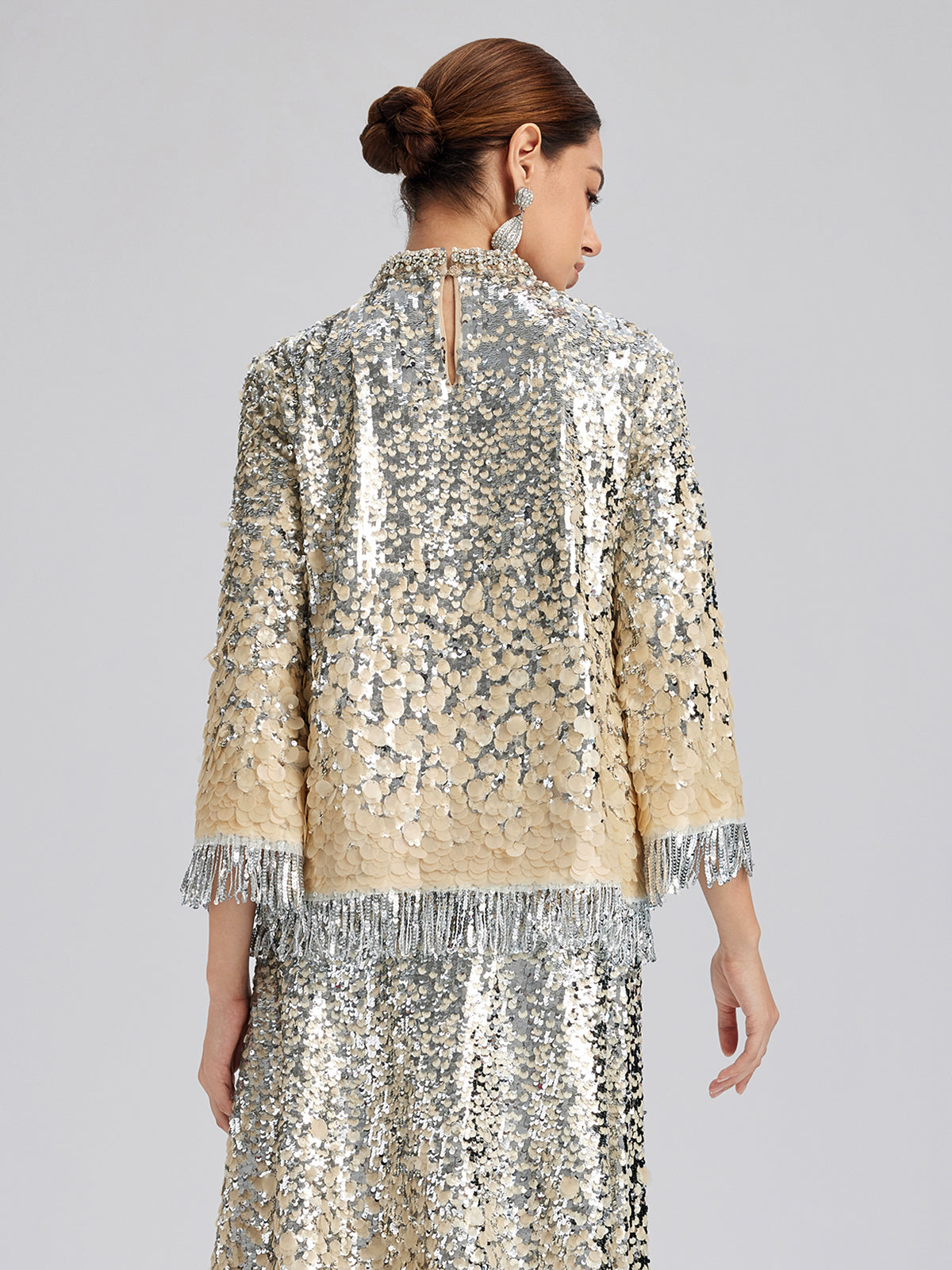 Beaded Ombre Fringe Stand-Collar Top