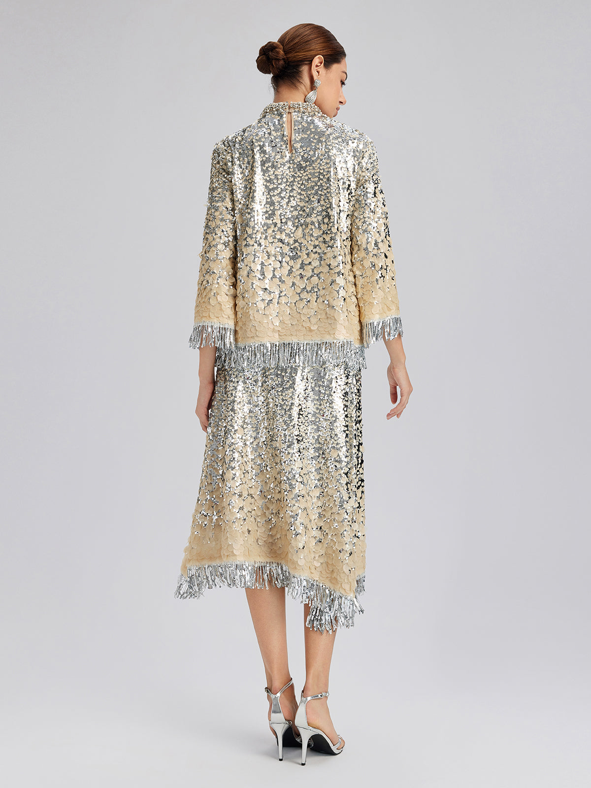 Ombre Sequin Fringe Elastic-Waist A-Line Skirt