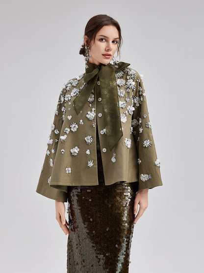 Hand-Embroidered Linen Cape Coat