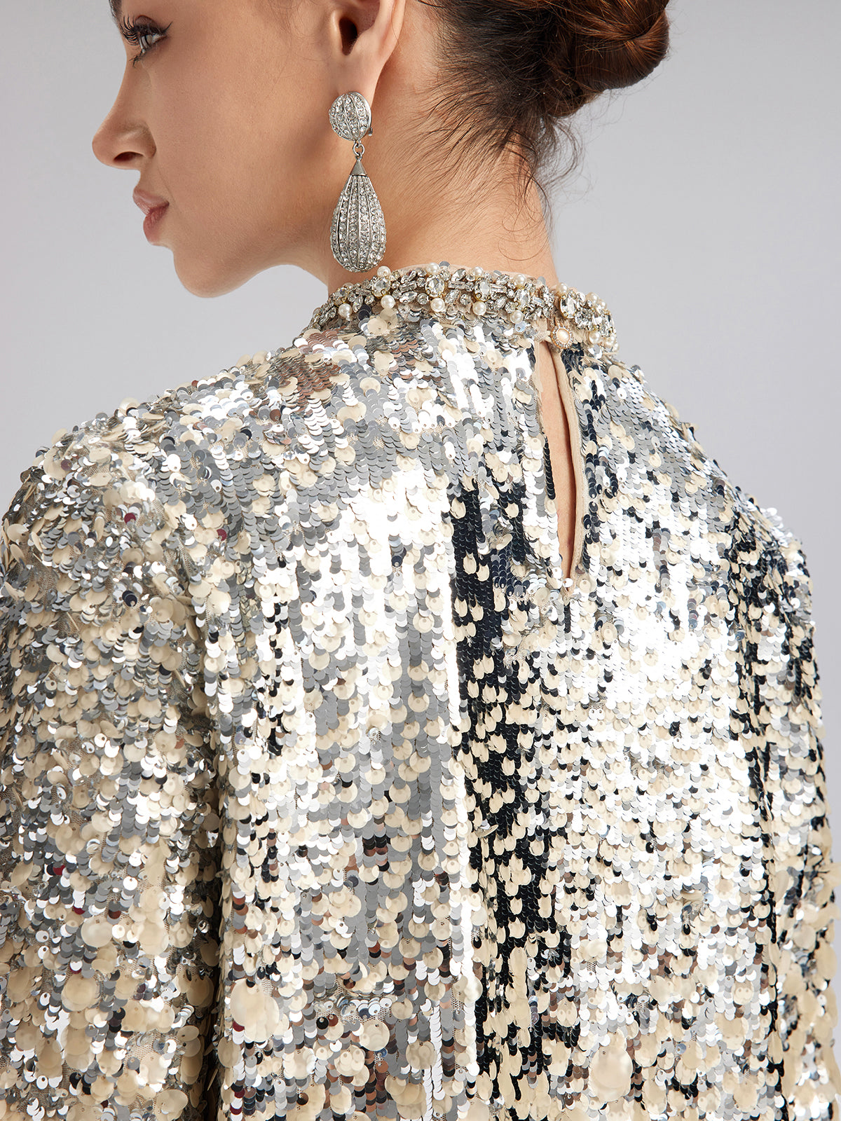 Beaded Ombre Fringe Stand-Collar Top