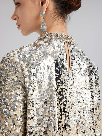 Beaded Ombre Fringe Stand-Collar Top