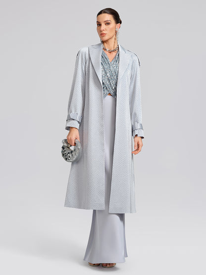 Handcrafted Rhinestone Satin Trench Coat (Belt Included)