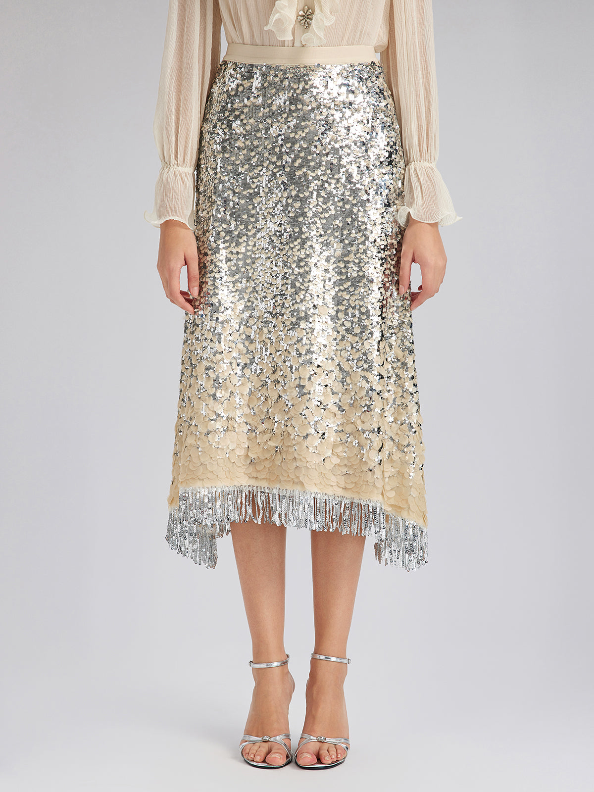 Ombre Sequin Fringe Elastic-Waist A-Line Skirt