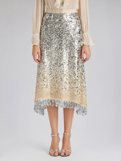 Ombre Sequin Fringe Elastic-Waist A-Line Skirt