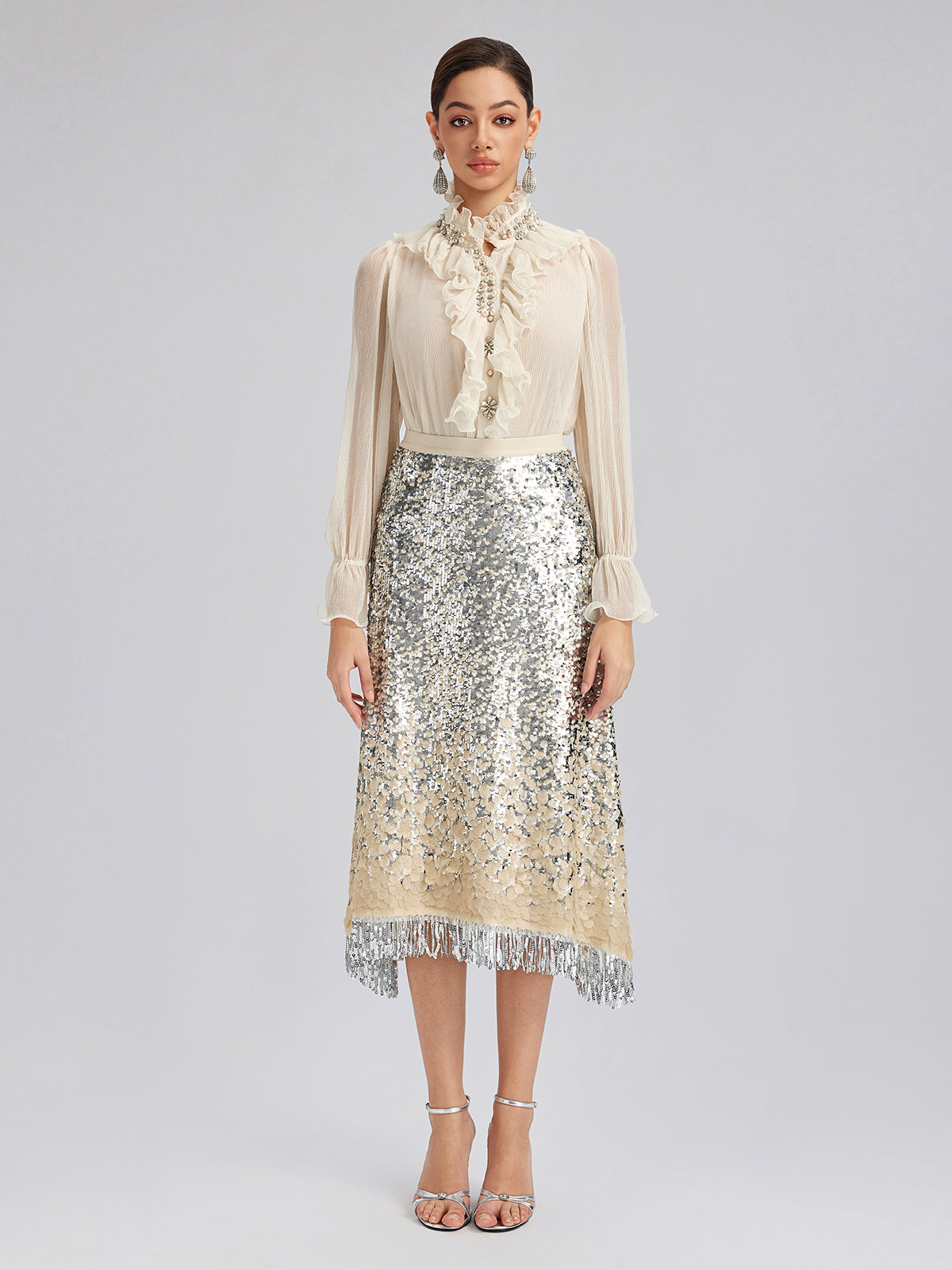 Ombre Sequin Fringe Elastic-Waist A-Line Skirt