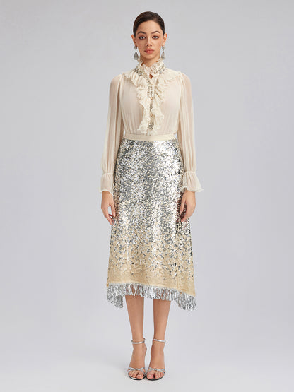 Ombre Sequin Fringe Elastic-Waist A-Line Skirt